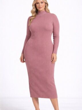 Long Sleeve Ribbed Mock Neck Midi Dress in Dusty Rose